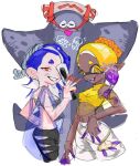  1boy 2girls :d aeng_(eee_ouo2) big_man_(splatoon) black_pants blonde_hair blue_hair breasts chest_sarashi colored_eyelashes colored_skin crop_top cross-shaped_pupils dark-skinned_female dark_skin earrings fangs folded_fan folding_fan food food_on_head forehead frye_(splatoon) gradient_hair grin groin hachimaki hand_fan headband holding holding_fan jewelry long_hair manta_ray medium_breasts multicolored_hair multicolored_skin multiple_earrings multiple_girls nejiri_hachimaki object_on_head octarian pants pointy_ears poncho purple_hair purple_skin red_skin sarashi see-through shiver_(splatoon) simple_background sleeveless small_breasts smile splatoon_(series) splatoon_3 teeth tempura tentacle_hair two-tone_hair two-tone_skin white_background white_pants yellow_crop_top 