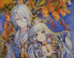  1boy 1girl artist_name blue_eyes blue_kimono brother_and_sister choker genshin_impact grey_eyes grey_hair hair_behind_ear hair_between_eyes hand_fan holding holding_fan jacket japanese_clothes kamisato_ayaka kamisato_ayato kimono lantern long_hair looking_down looking_up painting_(medium) philiera ponytail russian_commentary siblings smile traditional_media tree watercolor_(medium) white_jacket 