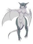  2015 anthro breasts collarbone dragon female fingers genitals green_eyes grey_body grey_scales grey_wings humanoid_face navel nipples pussy scales scalie simple_background smile solo suzuki_(artist) white_background wings 