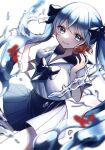  1girl blue_eyes blue_hair bottle_miku closed_mouth commentary fish goldfish hatsune_miku long_hair looking_at_viewer sailor skirt smile solo twintails vocaloid water white_background yukki_0125 