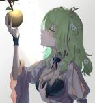  1girl apple artist_request bangs branch breasts ceres_fauna cleavage dress flower food from_side fruit golden_apple green_hair hair_flower hair_ornament half-closed_eyes hololive hololive_english horns leaf medium_breasts medium_hair parted_lips wavy_hair white_background yellow_eyes 