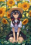  1girl :o absurdres bangs black_hair black_sailor_collar black_skirt brown_eyes commentary_request copyright_request day field flower flower_field hair_ornament hair_ribbon hat highres kgt_(pixiv12957613) light_blush looking_at_viewer neck_ribbon outdoors parted_lips pleated_skirt red_ribbon ribbon sailor_collar school_uniform serafuku shirt short_sleeves sitting skirt solo straw_hat sunflower white_shirt x_hair_ornament 