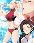  3girls absurdres black_hair blood bloomers bob_cut bottle buruma closed_eyes crop_top drinking female_pervert hair_ribbon hand_on_hip harukawa_fuki highres inoue_takina kou_(spad7u59) lips long_hair lycoris_recoil multiple_girls navel nishikigi_chisato nosebleed pervert purple_eyes red_buruma ribbon short_hair sparkle_background sweat track_uniform underwear water_bottle yuri 