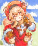  1girl ahoge beret blonde_hair brown_gloves cloud dress english_commentary genshin_impact gloves hat hat_feather head_tilt klee_(genshin_impact) long_hair looking_at_viewer mixed-language_commentary open_hand orange_eyes philiera pointy_ears red_dress red_headwear russian_commentary sky smile solo tongue tongue_out twintails v 