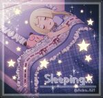  1girl akika_821 bed blanket blonde_hair closed_eyes commentary_request doll lillie_(pokemon) night open_clothes pillow pokemon pokemon_(anime) pokemon_(game) pokemon_sm sky sleeping solo star_(sky) starry_sky starry_sky_print stuffed_animal stuffed_toy under_covers 