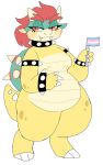  2021 anthro belly bowser bracelet breasts claws collar crossgender eyelashes fangs flag green_body hair hi_res holding_flag holding_object horn jewelry lgbt_pride mario_bros markings multicolored_body multicolored_scales narrowed_eyes nintendo pride_colors puppkittyfan1 red_body red_eyes red_hair scales scalie smile solo spiked_bracelet spiked_collar spiked_tail spikes spikes_(anatomy) thick_thighs trans_(lore) transgender_pride_colors two_tone_body two_tone_scales video_games white_body yellow_body yellow_scales 