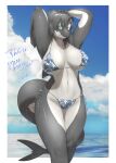  absurd_res anthro big_breasts bikini blue_eyes breasts cetacean clothing delphinoid female fin fin_piercing fin_ring furgonomics furry-specific_piercing hair hi_res kemono looking_at_viewer mammal marine nakamula navel oceanic_dolphin orca piercing seaside short_hair side-tie_bikini solo swimwear thick_thighs toothed_whale water wet 