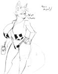  5_fingers anthro beverage big_breasts breasts canid canine canis cow_print_bikini curvy_figure dialogue female fingers gryn_vs hand_on_hip huge_breasts mammal monochrome solo voluptuous wolf 
