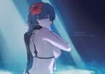  1girl back breasts byleth_(fire_emblem) byleth_(fire_emblem)_(female) byleth_(summer)_(fire_emblem)_(female) fire_emblem fire_emblem:_three_houses flower hair_ornament hibiscus l0gman looking_at_viewer medium_breasts sideboob solo upper_body 