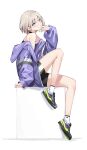 1girl absurdres bangs blue_eyes blush bob_cut breasts grey_hair grin highres idolmaster idolmaster_shiny_colors jacket long_sleeves looking_at_viewer off_shoulder open_clothes open_jacket purple_jacket serizawa_asahi shoes short_hair small_breasts smile sneakers solo spider_apple 