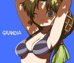  1girl arms_up beeru_(veil8801) bikini bikini_top_only blue_eyes breasts cleavage closed_mouth grandia grandia_i green_hair hair_net jewelry lily_(grandia) long_hair looking_at_viewer mole mole_under_eye one_eye_closed simple_background smile solo swimsuit 