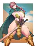  1girl armor bikini_armor border braid breasts brown_gloves cape cloud desert gloves gold_armor greaves green_cape hatching_(texture) highres holding holding_sword holding_weapon huge_breasts long_hair one_piece open_mouth outdoors pink_eyes pink_hair ponytail rebecca_(one_piece) scale_armor smile solo spacezin sword teeth thick_thighs thighs torn torn_cape torn_clothes weapon white_border 