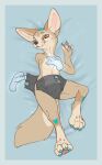  4_fingers 4_toes absurd_res ambiguous_gender amputee anthro belly_rub canid canine diaper diaper_change disability disembodied_hand feet fennec fingers fox fur ghost_hands hi_res katlin looking_at_viewer lying mammal nonbinary_(lore) on_back paws solo toes whiskers 
