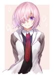  1girl arms_behind_back black_shirt border closed_mouth cropped_torso fate/grand_order fate_(series) grey_sleeves hair_over_one_eye jacket long_sleeves looking_at_viewer mash_kyrielight necktie open_clothes open_jacket pink_background pink_hair purple_eyes red_necktie shirt short_hair smile solo tooru_(jux) white_border white_jacket wing_collar 