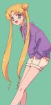  1girl absurdres bishoujo_senshi_sailor_moon blonde_hair blue_eyes double_bun feet_out_of_frame green_background hair_bun hands_in_pockets highres jacket long_hair looking_at_viewer nzeneee official_alternate_costume purple_jacket shorts simple_background smile solo tsukino_usagi yellow_shorts 