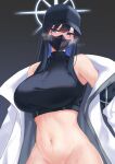  absurdres baseball_cap black_hair black_headwear black_mask black_shirt blue_archive blue_eyes bottomless breasts chest_harness crop_top halo harness hat highres jacket long_hair mask medium_breasts midriff mouth_mask navel no_panties off_shoulder saori_(blue_archive) shirt simple_(ejhe3475) sleeveless sleeveless_shirt snap-fit_buckle sweat white_jacket 