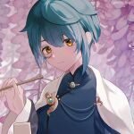  aoi_no_okina_(genshin_impact) ari_(bleum) blue_hair cape closed_mouth frilled_sleeves frills genshin_impact holding japanese_clothes long_sleeves male_focus monocle short_hair smile xingqiu_(genshin_impact) yellow_eyes 