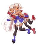  2girls bangs black_thighhighs blue_footwear blue_gloves blush closed_eyes dark-skinned_female dark_skin dress frilled_dress frills gloves high_heels highres horns hug hug_from_behind lilith-soft long_hair multiple_girls non-web_source official_art oni oni_horns open_mouth photoshop_(medium) pointy_ears red_eyes red_footwear red_gloves short_hair siblings simple_background sisters skin-covered_horns slit_pupils sophie_(tamanin_asagi) taimanin_(series) taimanin_asagi thighhighs very_long_hair white_background yuphie_(taimanin_asagi) 