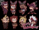  1girl 6+boys archie_(pokemon) black_background cape chibi commentary cosplay cyrus_(pokemon) duskull duskull_(cosplay) gengar gengar_(cosplay) ghetsis_(pokemon) giovanni_(pokemon) guzma_(pokemon) hairband hat holding hood hood_up licking lusamine_(pokemon) lycanroc lycanroc_(midnight) lycanroc_(midnight)_(cosplay) lysandre_(pokemon) mask mask_on_head maxie_(pokemon) mimikyu mimikyu_(cosplay) mismagius mismagius_(cosplay) multiple_boys onesie pokemon pokemon_(game) pokemon_bw2 pokemon_dppt pokemon_frlg pokemon_oras pokemon_sm pokemon_xy pumpkaboo purple_headwear red_hair shirt shorts simple_background ssalbulre suspenders tongue tongue_out zubat zubat_(cosplay) 