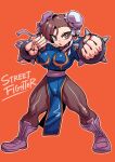  1girl bracelet breasts brown_eyes brown_hair bun_cover chibi china_dress chinese_clothes chun-li double_bun dress full_body hair_bun highres jewelry looking_at_viewer open_mouth pantyhose simple_background solo spiked_bracelet spikes street_fighter street_fighter_ii_(series) tukiwani 