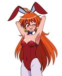 1girl animal_ears arms_behind_head blue_bow blue_bowtie bow bowtie breasts cowboy_shot detached_collar hayakawakenn highres leotard lina_inverse long_hair looking_at_viewer one_eye_closed orange_hair pantyhose playboy_bunny rabbit_ears rabbit_tail red_eyes red_leotard simple_background slayers small_breasts solo tail white_background white_pantyhose 