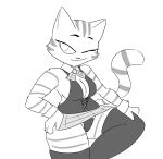  2022 anthro bottomwear bow_tie breasts cheek_tuft cleavage clothed clothing digital_media_(artwork) domestic_cat eyebrows facial_tuft felid feline felis female fran_(litterbox_comics) full_cleavage fully_clothed fur hand_on_hip hand_on_leg hand_on_own_thigh hand_on_thigh hi_res legwear litterbox_comics looking_at_viewer mammal mature_anthro mature_female miniskirt monochrome one_eye_closed prick_ears raised_leg shirt_cuffs skirt smile smiling_at_viewer solo striped_body striped_fur stripes thick_thighs thigh_highs tuft upskirt webcomic wink winking_at_viewer zinco 