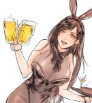  1girl alcohol alternate_costume animal_ears bangs bare_shoulders bartender beer black_hair black_leotard black_pantyhose breasts cleavage cocktail_glass cup drinking_glass earrings fake_animal_ears final_fantasy final_fantasy_vii final_fantasy_vii_remake halterneck highres holding holding_cup holding_plate jewelry large_breasts leotard long_hair lower_teeth newwellie open_mouth pantyhose plate playboy_bunny rabbit_ears red_eyes solo teeth tifa_lockhart upper_body upper_teeth white_background wrist_cuffs 