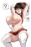  1girl ? ?? areola_slip armpits arms_behind_head arms_up blush bouncing_breasts bow breasts brown_eyes brown_hair commentary confused detached_sleeves frilled_bow frills hair_between_eyes hair_bow hair_ornament hair_tubes hakurei_reimu highres huge_breasts hypnosis large_areolae looking_at_viewer microskirt mind_control motion_lines navel nipple_slip nipples nontraditional_miko open_mouth red_bow red_skirt ribbon-trimmed_sleeves ribbon_trim sideboob sidelocks simple_background skirt slingshot slingshot_swimsuit solo spoken_question_mark sweat sweatdrop swimsuit thick_thighs thighhighs thighs touhou trembling tsukunendo white_background white_swimsuit 