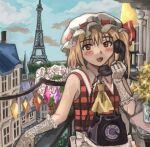 1girl ascot blonde_hair blue_sky blush building cloud cloudy_sky column commentary crystal cup day drinking_glass eiffel_tower elbow_gloves fang flandre_scarlet flower glass gloves hat hat_ribbon holding house looking_at_viewer mob_cap one_side_up open_mouth outdoors paris phone pillar plaid plaid_shirt plaid_vest plant red_eyes red_shirt ribbon rotary_phone scenery shirt short_hair side_ponytail skin_fang sky sleeveless smile solo touhou tree vest white_headwear window wings yellow_ascot yuyukosama17 