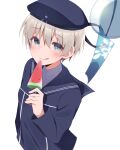  1girl :p anniversary blue_eyes blue_headwear blush clothes_writing collared_shirt dress food grey_hair hachino_mugi hair_between_eyes hat highres holding holding_food kantai_collection looking_at_viewer popsicle sailor_collar sailor_dress sailor_hat shirt short_hair simple_background solo tongue tongue_out upper_body watermelon_bar white_background white_shirt wind_chime z1_leberecht_maass_(kancolle) 