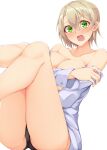  1girl absurdres bangs bare_shoulders black_panties blonde_hair blue_shirt blush breasts cleavage clothes_pull commentary covering covering_breasts dress_shirt frown green_eyes highres kuzukiri_(riezenagel) legs_up long_sleeves looking_at_viewer neige_(kuzukiri) no_bra no_pants open_mouth original panties shirt shirt_pull short_hair simple_background solo sweatdrop underwear white_background 