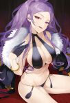  1girl bikini black_bikini black_cape black_gloves black_swimsuit bracelet breasts cape cleavage commentary_request facial_mark fate/grand_order fate_(series) forehead forehead_mark fur-trimmed_cape fur_trim gloves hair_ornament half_gloves highres jewelry koyo_akio large_breasts long_hair looking_at_viewer navel pink_eyes purple_hair seductive_smile sideboob sidelocks sitting slingshot_swimsuit smile solo stomach swimsuit thighs tongue tongue_out very_long_hair wu_zetian_(fate) wu_zetian_(swimsuit_caster)_(fate) 