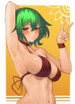  1girl arm_behind_head arm_up armpits bangs bikini blush breasts cleavage collarbone covered_nipples english_commentary eyelashes furrowed_brow green_hair hair_between_eyes heart heart-shaped_pupils highres kazami_yuuka large_breasts looking_at_viewer navel pout red_eyes shiny shiny_skin short_hair solo string_bikini swimsuit symbol-shaped_pupils tomatolover16 touhou v yellow_background 
