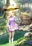  1girl ;d blonde_hair blush day forest grass hair_ribbon hat highres looking_at_viewer moriya_suwako nature one_eye_closed open_mouth outdoors ribbon skirt smile standing touhou tree wading wide_sleeves yawdeone yellow_eyes 