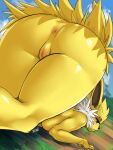  absurd_res anthro anus big_breasts big_butt breasts butt eeveelution faejunkie female generation_1_pokemon genitals hi_res jolteon looking_at_viewer looking_back nintendo pok&eacute;mon pok&eacute;mon_(species) presenting presenting_hindquarters pussy signature solo thick_thighs video_games 