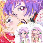  4girls camera character_request cure_magical_(ruby_style) cure_miracle cure_miracle_(ruby_style) digital_camera elhddmois food_in_mouth hanami_kotoha heart heart_frame highres imminent_kiss multiple_girls precure 
