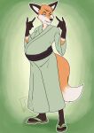  anthro asian_clothing canid canine clothing east_asian_clothing footwear fox fur japanese_clothing kimono male mammal one_eye_closed orange_body orange_fur pregnant pregnant_male randomgirl1265 sandals smile solo wink 