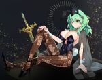  1girl :o alternate_costume animal_ears bangs black_background black_footwear black_leotard breasts brown_pantyhose byleth_(fire_emblem) byleth_(fire_emblem)_(female) coat commentary_request detached_collar fake_animal_ears fake_tail fire_emblem fire_emblem:_three_houses full_body green_eyes green_hair grey_coat hair_between_eyes hair_ornament hand_on_own_knee high_heels knee_up large_breasts leaning_back legs leotard light_blush long_hair looking_at_viewer navel open_hands open_mouth pantyhose playboy_bunny rabbit_ears rabbit_tail sitting solo strapless strapless_leotard sword tail weapon wrist_cuffs yomusugara_(uzo-muzo) 