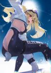  024th absurdres azur_lane back_cutout blonde_hair bluecher_(azur_lane) bodysuit breasts clothing_cutout fake_tail fang from_side goggles goggles_on_head highres official_alternate_costume rabbit_tail red_eyes shrug_(clothing) sideboob snow snowboard snowboarding tail twintails 