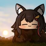  1girl :3 animal_ears black_hair closed_eyes grass hololive jazz_jack lowres mountain multicolored_hair ookami_mio red_hair rock sky solo streaked_hair sun two-tone_hair virtual_youtuber wolf_ears 