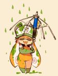  1girl bangs baseball_cap blunt_bangs boots commentary domino_mask full_body gloves green_gloves green_headwear hat inkling inkling_girl long_hair mask mota open_mouth orange_hair orange_overalls overalls pointy_ears print_headwear rubber_boots salmon_run salmonid shirt simple_background smile solo splatoon_(series) splatoon_2 symbol-only_commentary tentacle_hair white_shirt 