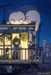  1girl animal aqua_hoodie balcony bangs black_cat black_pants brown_hair cat city clothes_hanger cup giant_cat highres holding holding_cup looking_up night night_sky original oversized_animal pants red_eyes rooftop shirt short_hair sky socks white_cat yukichi_nya 