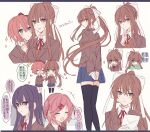  4girls arms_behind_back artist_name black_thighhighs blazer blue_eyes blue_skirt blush bow brown_hair brown_jacket chibi closed_eyes closed_mouth commentary_request doki_doki_literature_club green_eyes hair_bow highres jacket long_hair looking_at_viewer monika_(doki_doki_literature_club) multiple_girls multiple_views natsuki_(doki_doki_literature_club) neck_ribbon open_mouth over-kneehighs pink_eyes pink_hair ponytail purple_eyes purple_hair red_bow red_ribbon ribbon sayori_(doki_doki_literature_club) school_uniform shirt short_hair skirt smile standing thighhighs translation_request twitter_username watermark white_bow white_shirt yakinikusakoku yuri_(doki_doki_literature_club) 