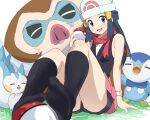  1girl absurdres arm_support beanie black_shirt black_shorts black_socks blue_eyes blue_hair blurry blurry_foreground blush breasts commentary_request dawn_(pokemon) feet foot_hold foreshortening hair_ornament hairclip hat head_tilt highres knees_up legs long_hair looking_at_viewer mamoswine multiple_others no_shoes open_mouth pachirisu pink_skirt piplup poke_ball_print pokemon pokemon_(anime) pokemon_(creature) pokemon_dppt_(anime) poketch rauto red_scarf scarf shiny shiny_hair shirt shorts shorts_under_skirt sidelocks sitting skirt sleeveless sleeveless_shirt small_breasts socks thighs watch white_background white_headwear wristwatch 