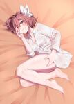  1girl ass barefoot blush breasts brown_eyes brown_hair hair_ribbon highres long_sleeves looking_at_viewer lying no_panties on_side original ribbon shirt short_hair soles solo thighs toes white_ribbon white_shirt yamauchi_(conan-comy) 