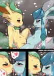  &lt;3 anthro blue_body blush bodily_fluids censored croisshark duo eeveelution female female/female flat_chested generation_4_pokemon genitals glaceon kissing leafeon nintendo nipples pok&eacute;mon pok&eacute;mon_(species) pussy saliva tongue tongue_out video_games yellow_body 