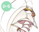  blue_pupils closed_mouth commentary_request eating eyelashes hand_on_hip holding looking_down pheromosa pokemon pokemon_(creature) purple_eyes simple_background solo speech_bubble ssalbulre white_background 