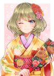  1girl ;) akamatsu_kaede blonde_hair blue_eyes border chii_(sbshop) closed_mouth floral_print flower hagoita hair_flower hair_ornament holding idolmaster idolmaster_cinderella_girls japanese_clothes kimono long_sleeves looking_at_viewer medium_hair one_eye_closed outside_border paddle pink_background pink_flower print_kimono red_flower shiny shiny_hair smile solo takagaki_kaede upper_body white_border yellow_kimono yoi_otome_(idolmaster) 