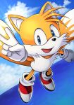  1boy absurdres flying fox_boy happy highres no_humans ocean open_mouth sega shoes silverchariotx sky smile socks solo sonic_(series) tails_(sonic) v water 