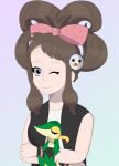  absurdres blue_eyes bow brown_hair hair_ribbon highres hilda_(pokemon) hug pokemon pokemon_(game) ribbon robdog snivy 